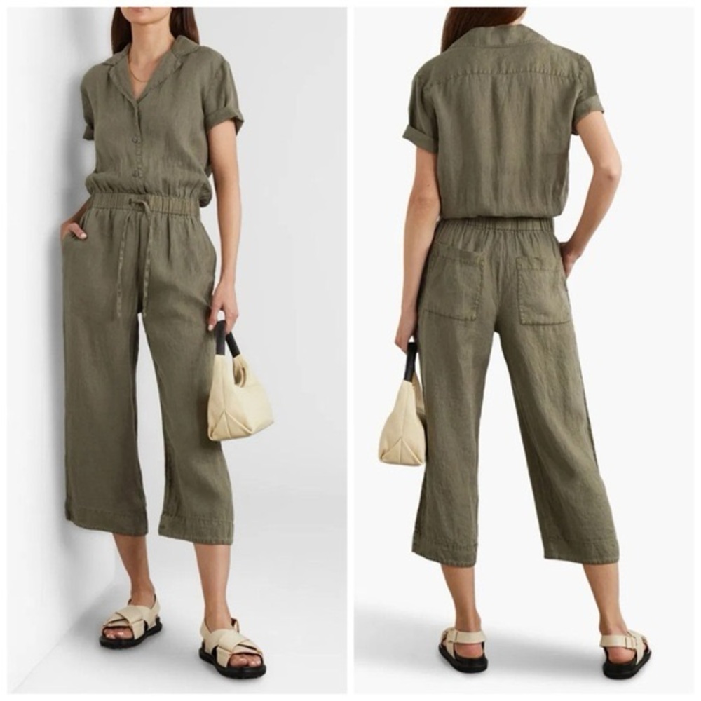 James Perse Khaki 100% linen jumpsuit short sleeve cropped wide leg size XS